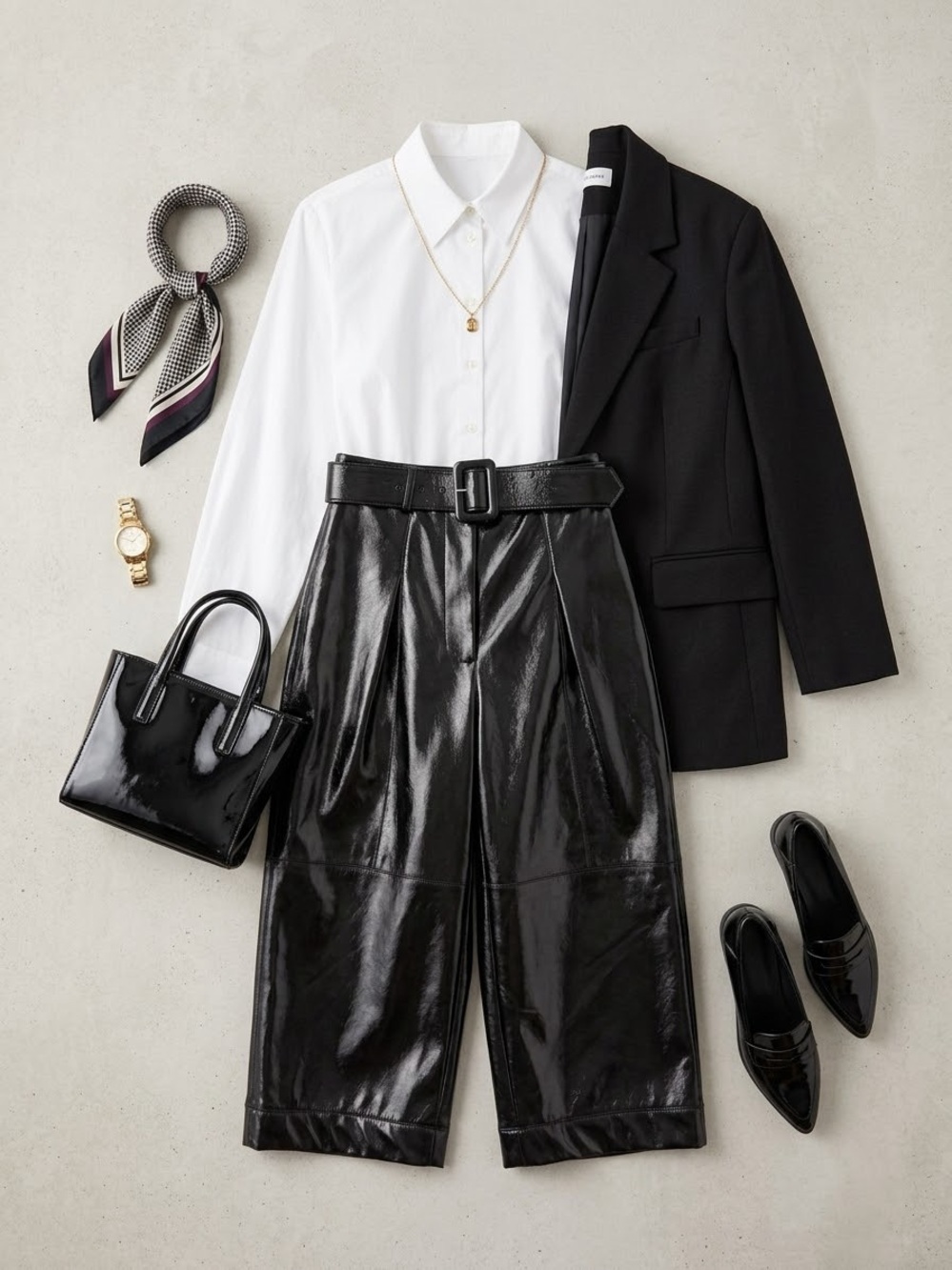 Self-Portrait Black shine faux patent leather Cropped Wide Leg Culottes US 2(XS)